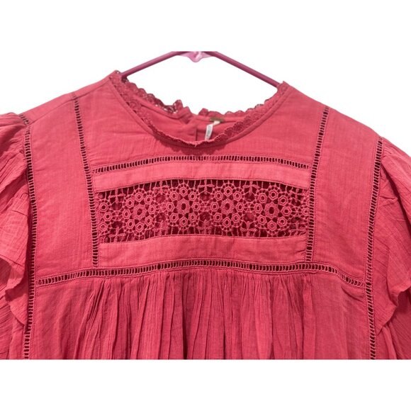 SOLD Free People Laura Prairie Peasant Top Sz Large Pink Eyelet Ruffle Ballon - Picture 11 of 14